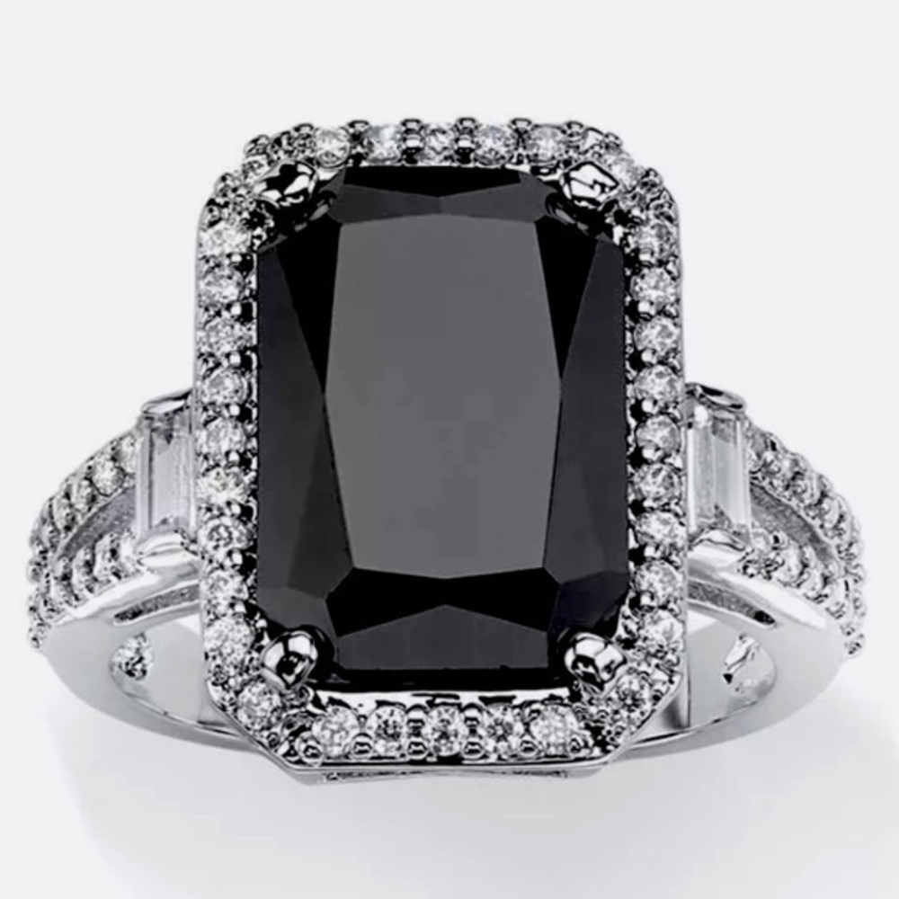 3ct Princess Cut Black Sapphire Round Pave Engagement Ring 925